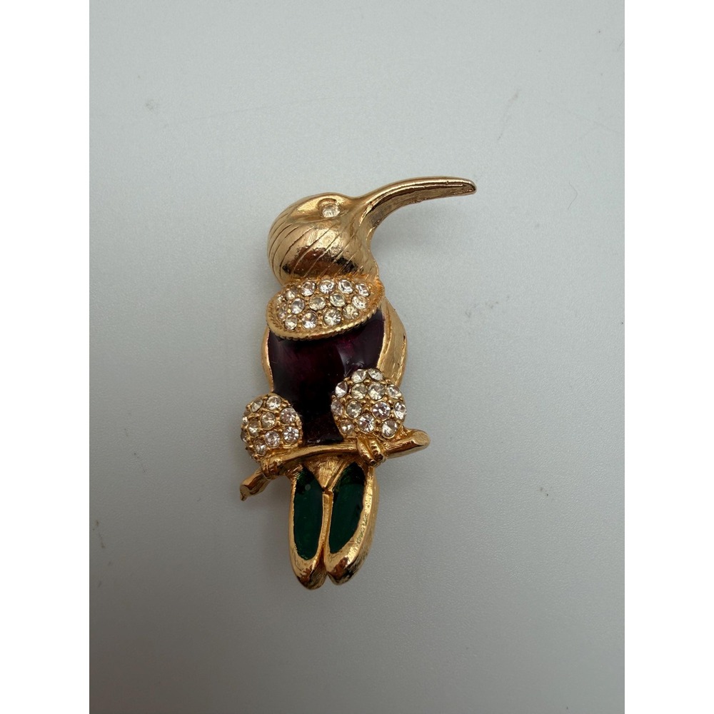 Vintage Style Rhinestone Enamel Hummingbird Colorful Goldtone 2" Brooch Pin